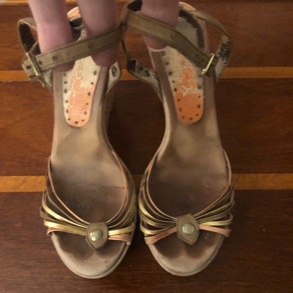 BCBGGirls Metallic Ankle Strap Cork Wedges